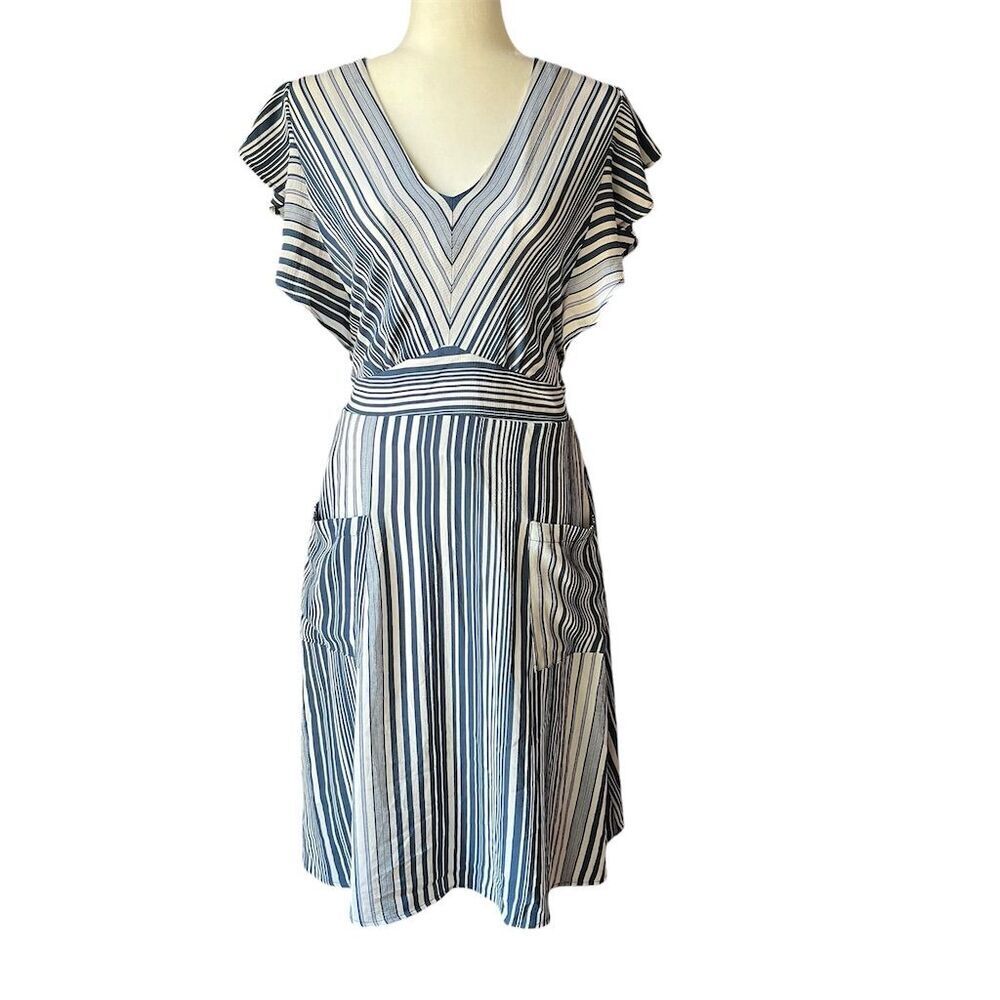 Monteau Los Angeles Blue Striped V-neck Flutter Sleeve Midi Dress with Pockets​​